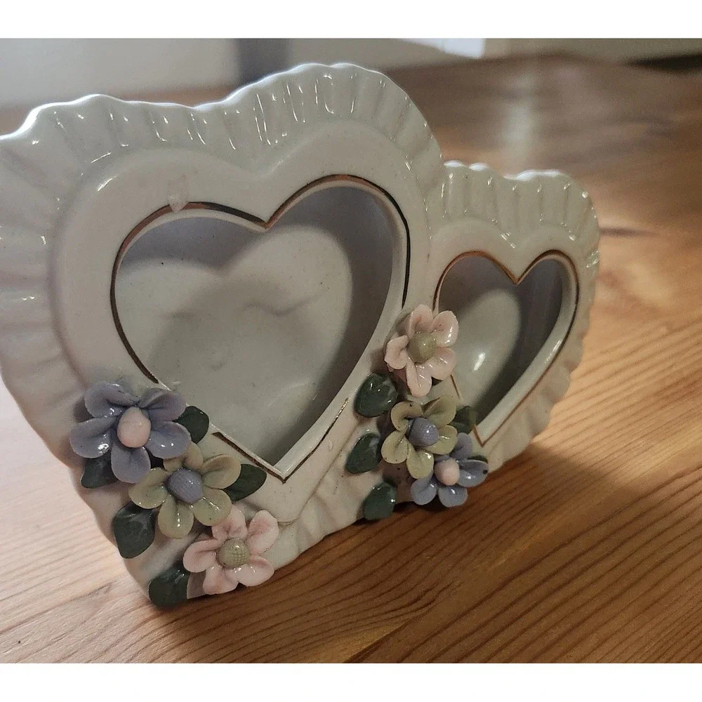 Vintage Double Heart Ceramic Picture Frame with Floral Accents Wedding